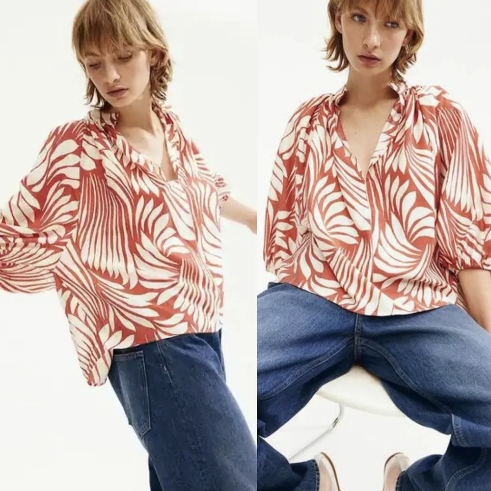 H&M Abstract Swirl Print V-Neck Blouse S Orange Cream Boho Oversized Cropped